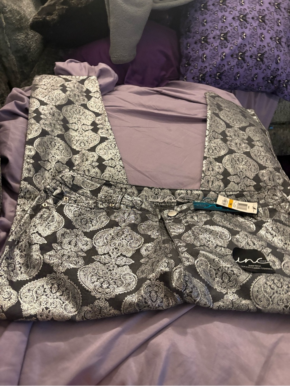 INC International Concepts Black Jeans with Silver Paisley Print